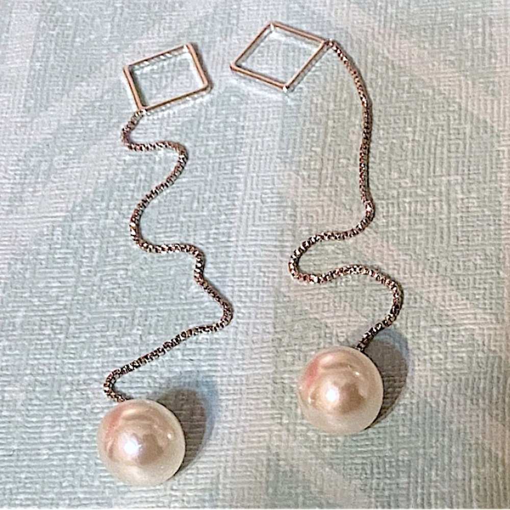 Sterling Silver Geometric Pearl Threader Earrings